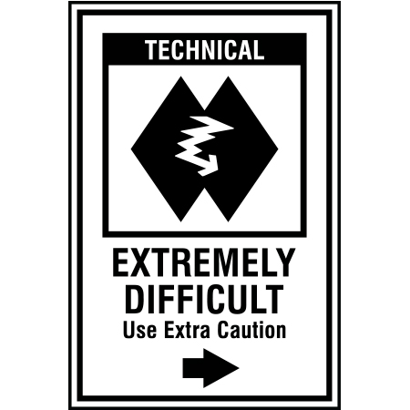 B235 12 x 18, Double Black Diamond Technical Mountain Bike Trail Sign, Extremely Difficult with Arrow, coroplast and 12 gauge sign grade aluminum sheeted with top quality, high performance print* or vinyl graphics, direct people in all trail systems, technical, cross-country, freeride, downhill, professional, difficulty levels, choose your symbol, custom, mountain bike risk and liability, safety, summer, trail, downhill.. Click to expand image