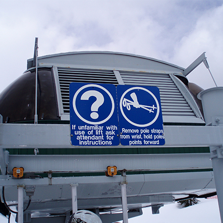 L318 Remove Pole Straps from Wrists, Hold Poles Points Forward 18" x 24" Blue Reflective Aluminum lift sign for ski areas - produced by Inter-Mtn.. Click to expand image