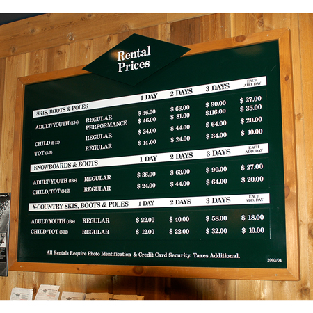 Information can be updated from season to season. Clean, crisp, and user friendly. Unique and simple to update. Available in a variety of styles, sizes, and materials including aluminum, wood, and magnetic.. Click to expand image