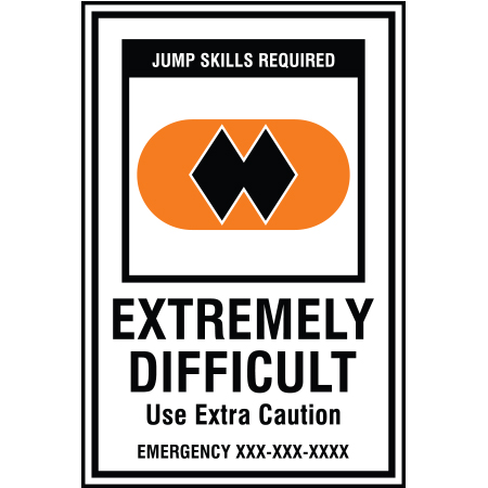 B214 12 x 18, Double Black Diamond Freeride Mountain Bike Trail Sign, Extremely Difficult / Emergency #, coroplast and 12 gauge sign grade aluminum sheeted with top quality, high performance print* or vinyl graphics, direct people in all trail systems, technical, cross-country, freeride, downhill, professional, difficulty levels, choose your symbol, custom, mountain bike risk and liability, safety, summer, trail, downhill.. Click to expand image