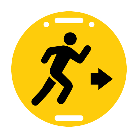 D48, 11.5 x 11.5 Running with Arrow, Yellow polythylene disc, UV protected and cost effective marking signs, holes on top to hang from rope, slots top and bottom to fit over bamboo poles, trail and ability markers.. Click to expand image