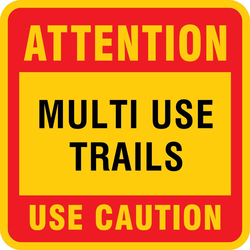 Attention, Multi-Use Trails. Use Caution sign for Mountain Bike Risk and Liability Signs in red and yellow. Click to expand image