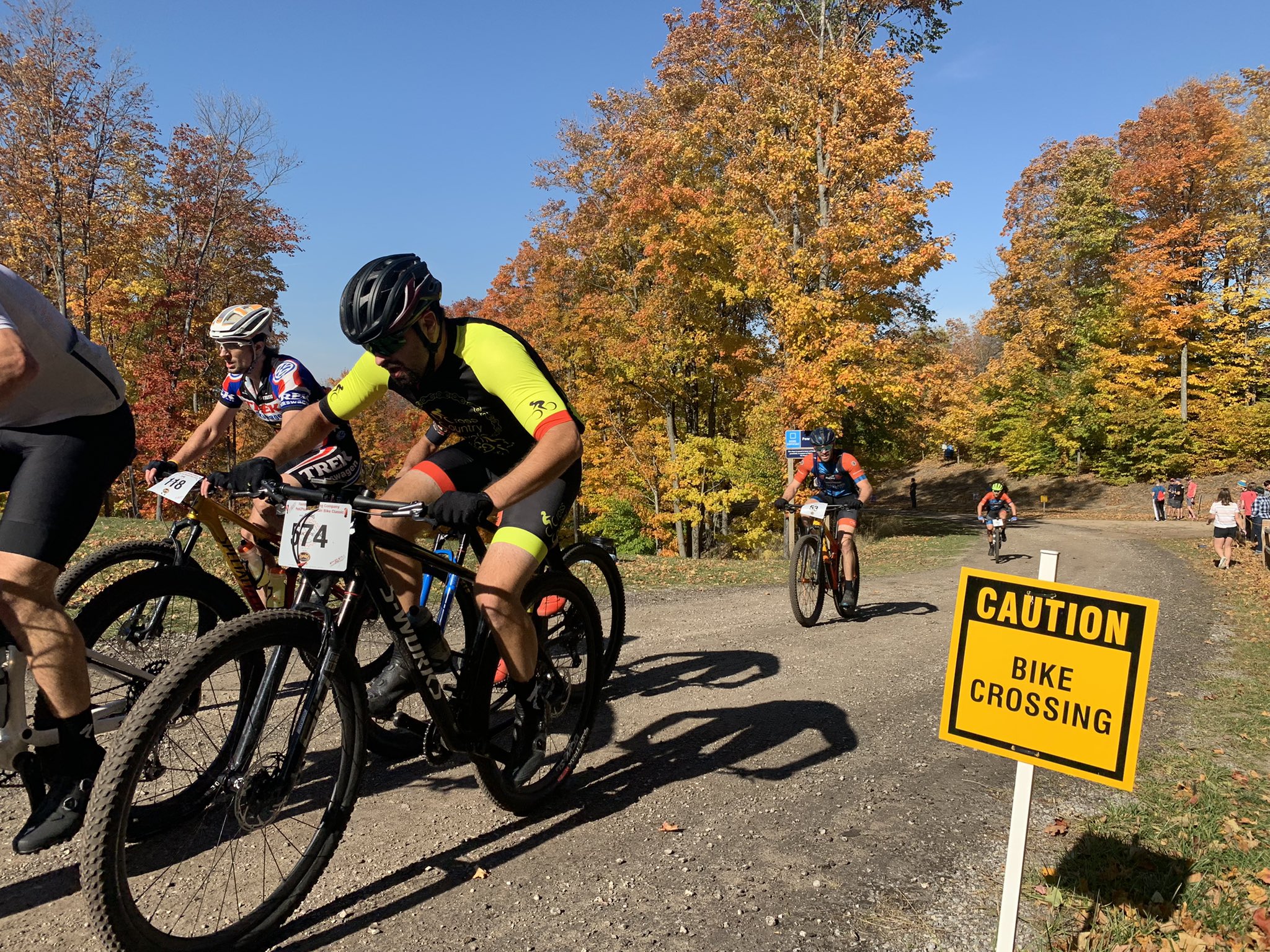 B423 Caution Bike Crossing sign as seen at a race held by Crystal Mountain, Michigan. Click to expand image