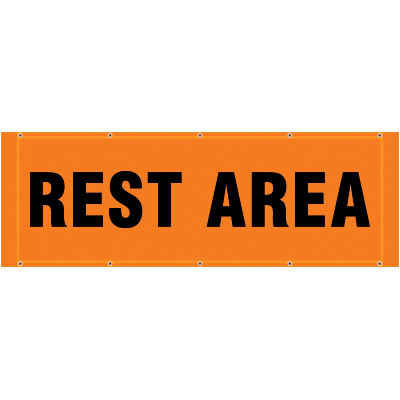 BH21 Rest Area, high visibility orange mesh banner 84x30, tear and mildew resistant high tenacity polyester, coated with fade resistant high vis orange vinyl, grommets and sleeves on sides for bamboo poles. Click to expand image