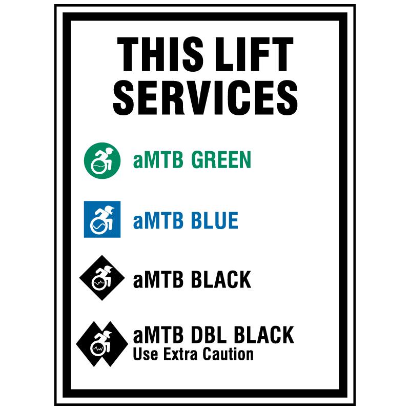 aMTB trail designation. Signage for adaptive mountain biking technical trails shows trail designation. The aMTB symbol indicates accessibility for adaptive bikes/riders on adaptive bike-friendly aMTB trails on trail networks.. Click to expand image