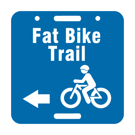 D63, 11.5 x 11.5, Fat Bike Trail, left arrow, blue square polythylene disc, UV protected and cost effective marking signs, holes on top to hang from rope, slots top and bottom to fit over bamboo poles, trail and ability markers.. Click to expand image