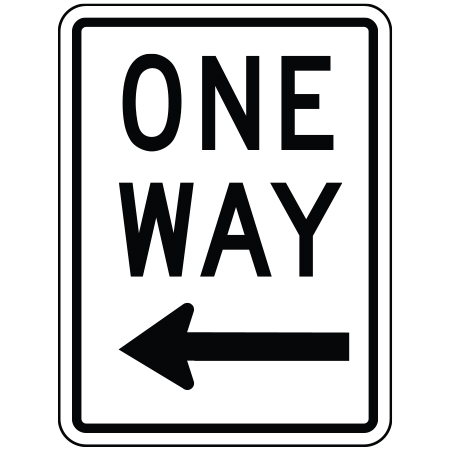 R-008-2 One way direction left arrow, 18 x 24. Reflective aluminum, traffic sign for all parks, recreational facilities, municipal, city, town. Rules and conditions of your specific area, jurisdiction, produced by Inter-Mtn.. Click to expand image