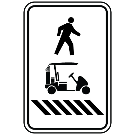 R-111-1 Pedestrian, golf cart, crosswalk, right, 12 x 18. Reflective aluminum, traffic sign for all parks, recreational facilities, municipal, city, town. Rules and conditions of your specific area, jurisdiction, produced by Inter-Mtn.. Click to expand image