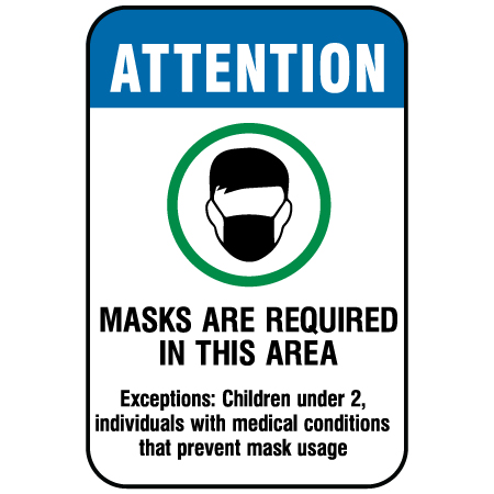 F056 Masks Are Required in This Area 12" x 18", white reflective aluminum physical distancing and covid sign with rounded corners - Inter-Mtn.. Click to expand image