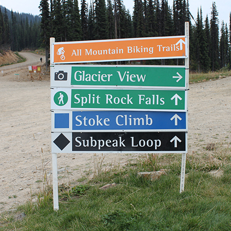B100 B101 B102 36 x 6, Mountain Bike Trail Sign, Run Name with Arrow, coroplast and 12 gauge sign grade aluminum sheeted with top quality, high performance print* or vinyl graphics, direct people in all trail systems, technical, cross-country, freeride, downhill, professional, difficulty levels, choose your symbol, custom, mountain bike risk and liability, safety, summer, trail, downhill.. Click to expand image