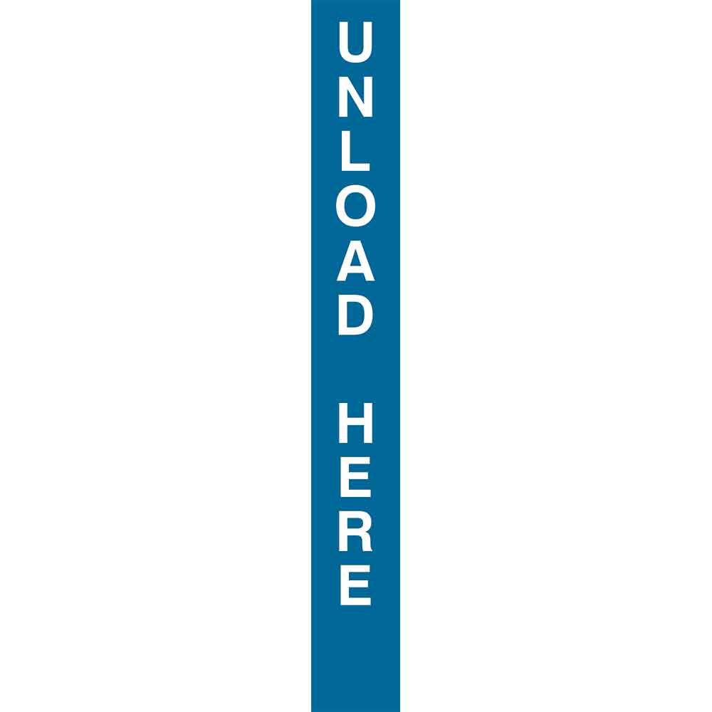 Unload Here - Blue Vertical Vinyl Pole Banner 5" x 40" for ski areas and lift access mountain biking at a lift loading and unloading areas. Click to expand image