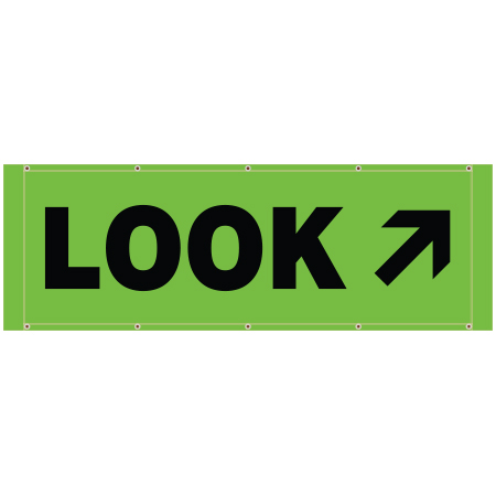 BH07 Look Right Arrow, high visibility green mesh banner 84x30, tear and mildew resistant high tenacity polyester, coated with fade resistant high vis green vinyl, grommets and sleeves on sides for bamboo poles. Click to expand image