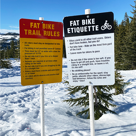W410 Fat Bike Trail Rules 24" x 36", yellow reflective aluminum winter adventure sign with rounded corners - ski area sign. W411 Fat Bike Etiquette 24" x 36", white reflective aluminum winter adventure sign with rounded corners - ski area sign - Inter-Mtn.. Click to expand image
