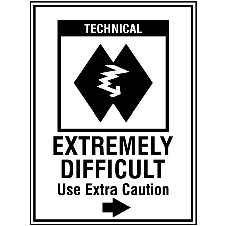 B235 18 x 24, Double Black Diamond Technical Mountain Bike Trail Sign, Extremely Difficult with Arrow, coroplast and 12 gauge sign grade aluminum sheeted with top quality, high performance print* or vinyl graphics, direct people in all trail systems, technical, cross-country, freeride, downhill, professional, difficulty levels, choose your symbol, custom, mountain bike risk and liability, safety, summer, trail, downhill.. Click to expand image