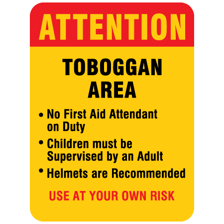 W300 Attention Toboggan Area 18" x 24", yellow reflective aluminum winter adventure sign with rounded corners - ski area sign - Inter-Mtn.. Click to expand image