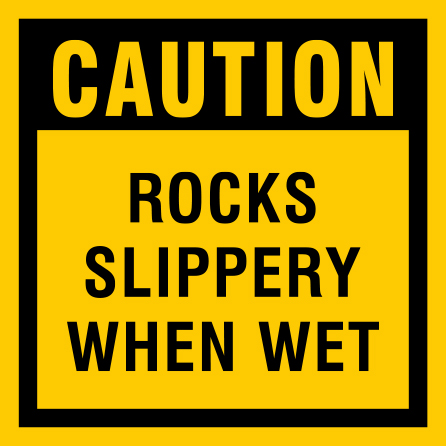 B407, 18 x 18, 12 x 12, rocks slippery when wet, Mountain bike risk and liability, safety, summer, trail, downhill, available on white or yellow coroplast and 12 gauge sign grade aluminum sheeted with top quality, high performance print* or vinyl graphics.. Click to expand image