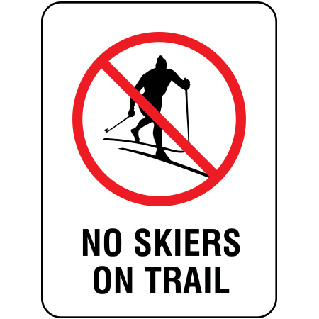 W106 No Skiers on Trail 18" x 24", white reflective aluminum nordic sign with rounded corners - ski area sign - Inter-Mtn.. Click to expand image