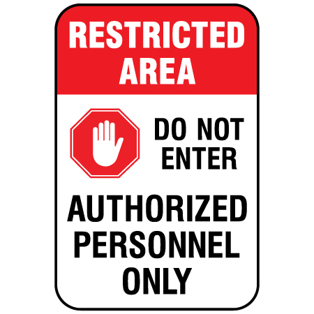 S434 Restricted Area Do Not Enter 12" x 18", white reflective aluminum physical distancing and authorized personnel sign with rounded corners - Inter-Mtn.. Click to expand image