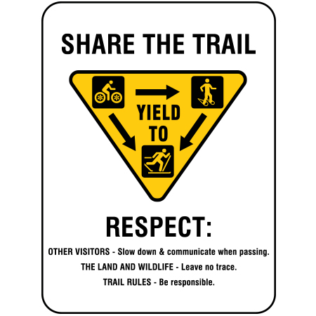 W210 Share the Trail 18" x 24", White reflective aluminum winter adventure sign with rounded corners - ski area sign - Inter-Mtn.. Click to expand image