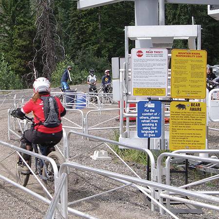 B701c 18" x 24" Aluminum Sign - Stop Read This Important Information about the Bike Park. White or yellow coroplast, 12 gauge sign grade aluminum sheeted with top quality prismatic reflective, high performance print or vinyl graphics, important information, liability, you assume the risk of injury, mountain bike, bike park, trail sign.. Click to expand image