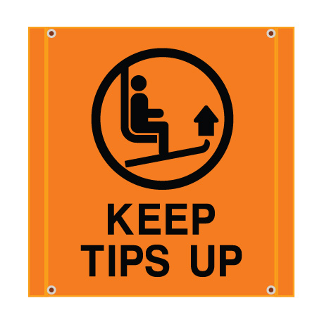 BS19 Lift, keep tips up. High visibility orange square mesh banner 30x30, high visibility yellow mesh banner 84x30, tear and mildew resistant high tenacity polyester, coated with fade resistant bright yellow vinyl, grommets and sleeves on sides for bamboo poles.