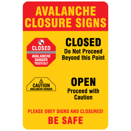 H317 24" x 36" (actual size 60x90cm) Aluminum Sign - Avalanche Closure Flip Sign Instrucitons: Please Obey Signs and Closures, yellow reflective aluminum closure sign with rounded corners - ski area sign - Inter-Mtn.. Click to expand image