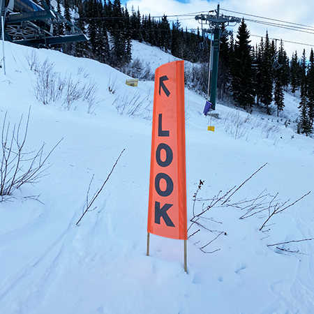BV07 Look Right Arrow, high visibility orange vertical mesh banner 18x60, high visibility orange mesh banner 84x30, tear and mildew resistant high tenacity polyester, coated with fade resistant high vis orange vinyl, grommets and sleeves on sides for bamboo poles.. Click to expand image