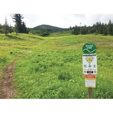 E100, 11.5 x 11.5, mountain bike trail name cross-country, green circle polythylene disc, UV protected and cost effective marking signs, holes on top to hang from rope, slots top and bottom to fit over bamboo poles, trail and ability markers.. Click to expand image
