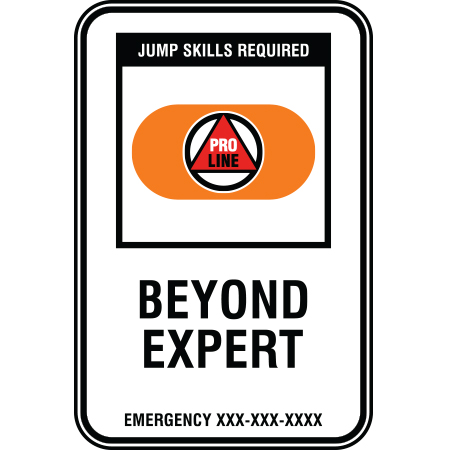B218 12 x 18, Pro Line Freeride Mountain Bike Trail Sign, Beyond Expert / Emergency #, coroplast and 12 gauge sign grade aluminum sheeted with top quality, high performance print* or vinyl graphics, direct people in all trail systems, technical, cross-country, freeride, downhill, professional, difficulty levels, choose your symbol, custom, mountain bike risk and liability, safety, summer, trail, downhill.. Click to expand image