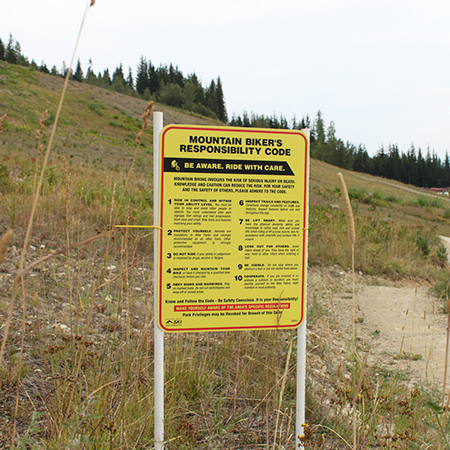 B702 18 x 24, Mountain Bike Responsibility Code CDN, coroplast, 12 gauge sign grade aluminum sheeted with top quality prismatic reflective, high performance print or vinyl graphics, important information, liability, you assume the risk of injury, mountain bike, bike park, trail sign.. Click to expand image