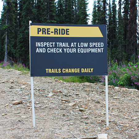 B862 36 x 24, Pre-Ride. Inspect Trail at Low Speed and Check Your Equipment, coroplast, 12 gauge sign grade aluminum sheeted with top quality prismatic reflective, high performance print or vinyl graphics, important information, liability, you assume the risk of injury, mountain bike, bike park, trail sign.. Click to expand image