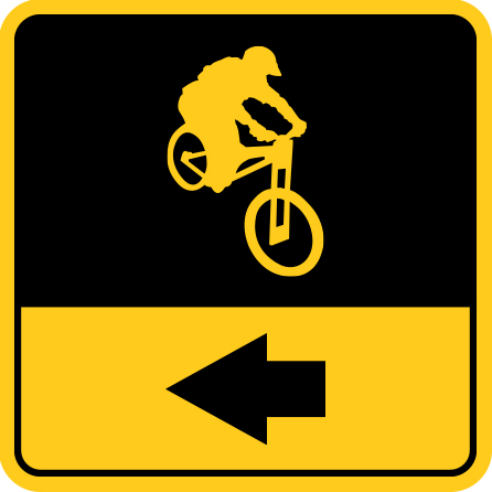 B408, 18 x 18, 12 x 12, bike arrow pointing left, Mountain bike risk and liability, safety, summer, trail, downhill, available on white or yellow coroplast and 12 gauge sign grade aluminum sheeted with top quality, high performance print* or vinyl graphics.. Click to expand image