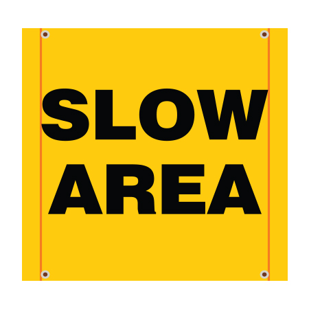 BS04 Slow Area, high visibility yellow square mesh banner 30x30, high visibility yellow mesh banner 84x30, tear and mildew resistant high tenacity polyester, coated with fade resistant bright yellow vinyl, grommets and sleeves on sides for bamboo poles. Click to expand image