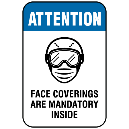 F167 Face Coverings Are Mandatory Inside 12" x 18", white reflective aluminum physical distancing and covid sign with rounded corners - Inter-Mtn.. Click to expand image