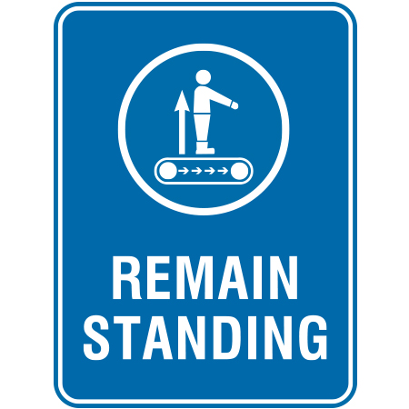 A19 Remain Standing Carpet Conveyor 18" x 24" Blue Reflective Aluminum ANSI sign for ski areas produced by Inter-Mtn.. Click to expand image