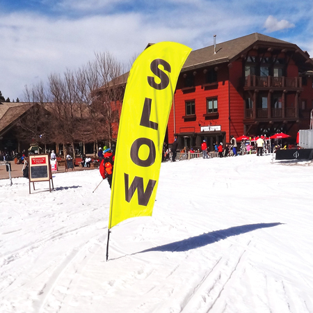 Wing banners are highly visible and portable instant advertising. Used for special events, ski races, kid centres, ski school, village accents, meeting places, mountain bike competitions, hotel entrances, golf courses, and tradeshows. Made by Inter-Mtn. Enterprises.. Click to expand image