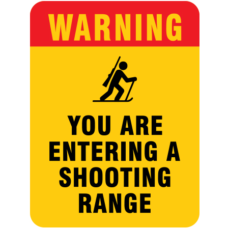 W182 Warning - You Are Entering A Shooting Range 18" x 24", yellow white reflective aluminum nordic sign with rounded corners - ski area sign - Inter-Mtn.