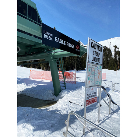 Custom designed signs identify lifts and buildings. Logos provide photo and branding opportunities. Aluminum panels or cut metal letters and logos.. Click to expand image