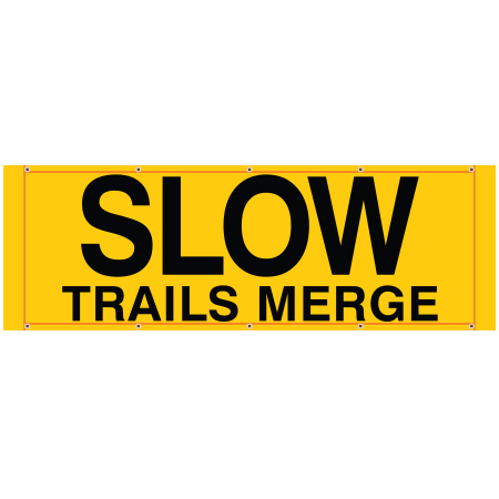 BH23 Slow - Trails Merge, high visibility yellow mesh banner 84x30, tear and mildew resistant high tenacity polyester, coated with fade resistant bright yellow vinyl, grommets and sleeves on sides for bamboo poles. Click to expand image