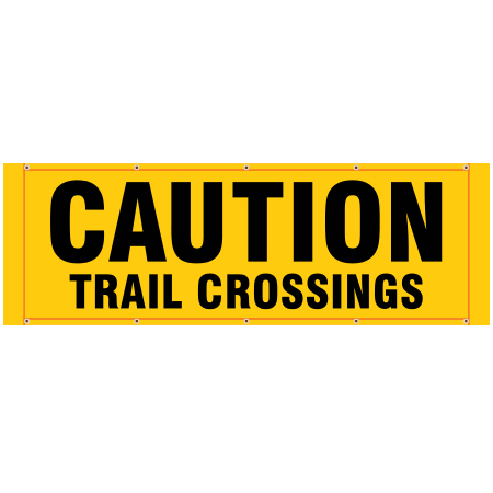 BH24 Caution Trail Crossings, high visibility yellow mesh banner 84x30, tear and mildew resistant high tenacity polyester, coated with fade resistant bright yellow vinyl, grommets and sleeves on sides for bamboo poles. Click to expand image