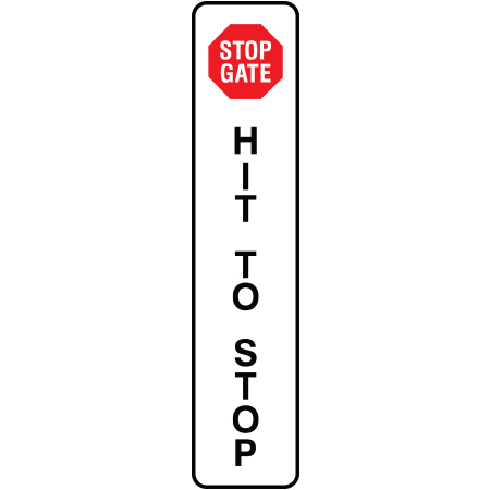 A15 Stop Gate Hit To Stop - Vertical 4" x 18" White Reflective Aluminum ANSI sign for ski areas produced by Inter-Mtn.. Click to expand image