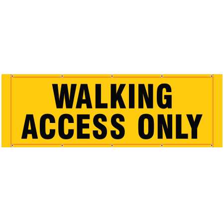 BH29 Walking Access Only, high visibility yellow mesh banner 84x30, tear and mildew resistant high tenacity polyester, coated with fade resistant bright yellow vinyl, grommets and sleeves on sides for bamboo poles. Click to expand image