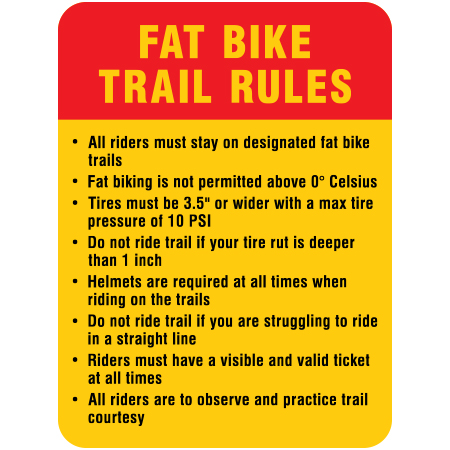 W410 Fat Bike Trail Rules 24" x 36", yellow reflective aluminum winter adventure sign with rounded corners - ski area sign - Inter-Mtn.. Click to expand image