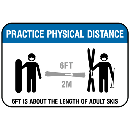 F181 Practice Physical Distance with skier symbol 18" x 12", white reflective aluminum physical distancing and covid sign with rounded corners - Inter-Mtn.. Click to expand image