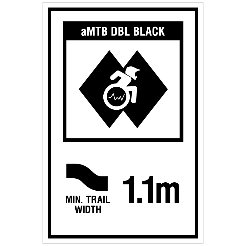 aMTB DBL Black - Expert trail features not suitable for some adaptive equipment. Signage for adaptive mountain biking technical trails shows trail designation. The aMTB symbol indicates accessibility for adaptive bikes/riders on adaptive bike-friendly aMTB trails on trail networks.