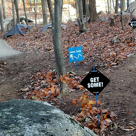 E101, 11.5 x 11.5, mountain bike trail name cross-country, blue square polythylene disc, UV protected and cost effective marking signs, holes on top to hang from rope, slots top and bottom to fit over bamboo poles, trail and ability markers.. Click to expand image
