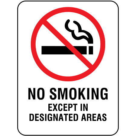S217 No Smoking Except in Designated Areas 18" x 24" White Reflective Aluminum Sign for ski areas produced by Inter-Mtn.. Click to expand image