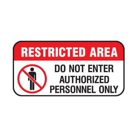 F122 Restricted Area Do Not Enter 12" x 6", white reflective aluminum physical distancing and covid sign with rounded corners - Inter-Mtn.. Click to expand image