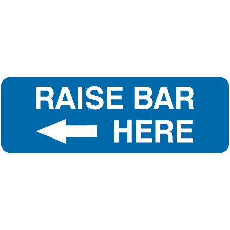 L301 Raise Bar Here with Left Arrow 18" x 6" Blue Reflective Aluminum lift sign for ski areas - produced by Inter-Mtn.. Click to expand image