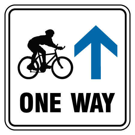 F153 One Way with Arrow and Downhill Biking Symbol, white reflective aluminum physical distancing and covid sign with rounded corners - Inter-Mtn.. Click to expand image